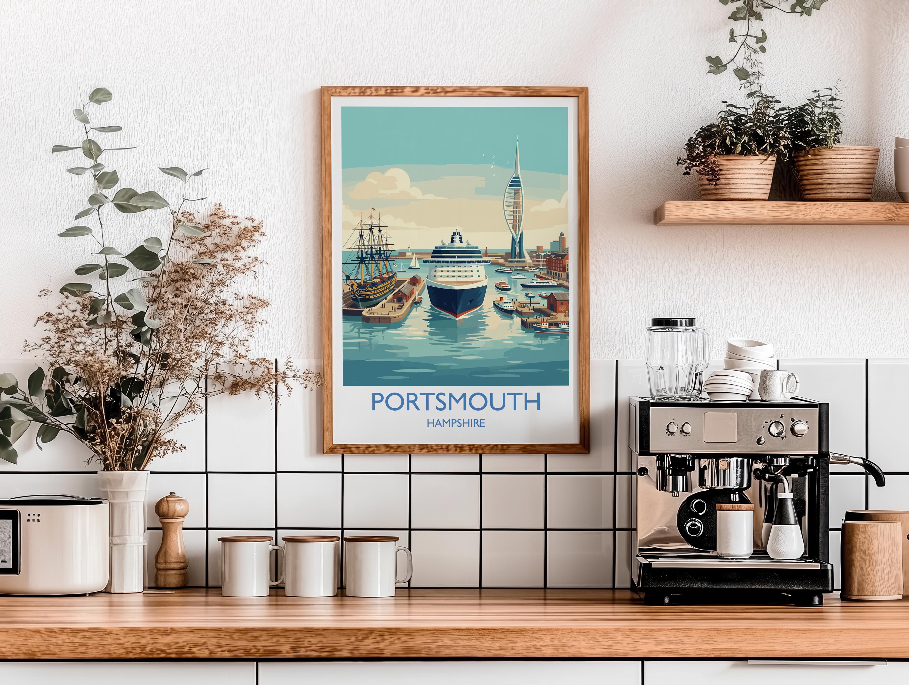 Portsmouth Travel Poster Print, Southsea & Spinnaker Tower Wall Art, Hampshire Coastal City Illustration, UK Travel Decor, Seaside Gift NQ Media Designs