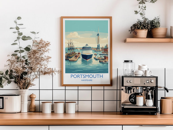 Portsmouth Travel Poster Print, Southsea & Spinnaker Tower Wall Art, Hampshire Coastal City Illustration, UK Travel Decor, Seaside Gift