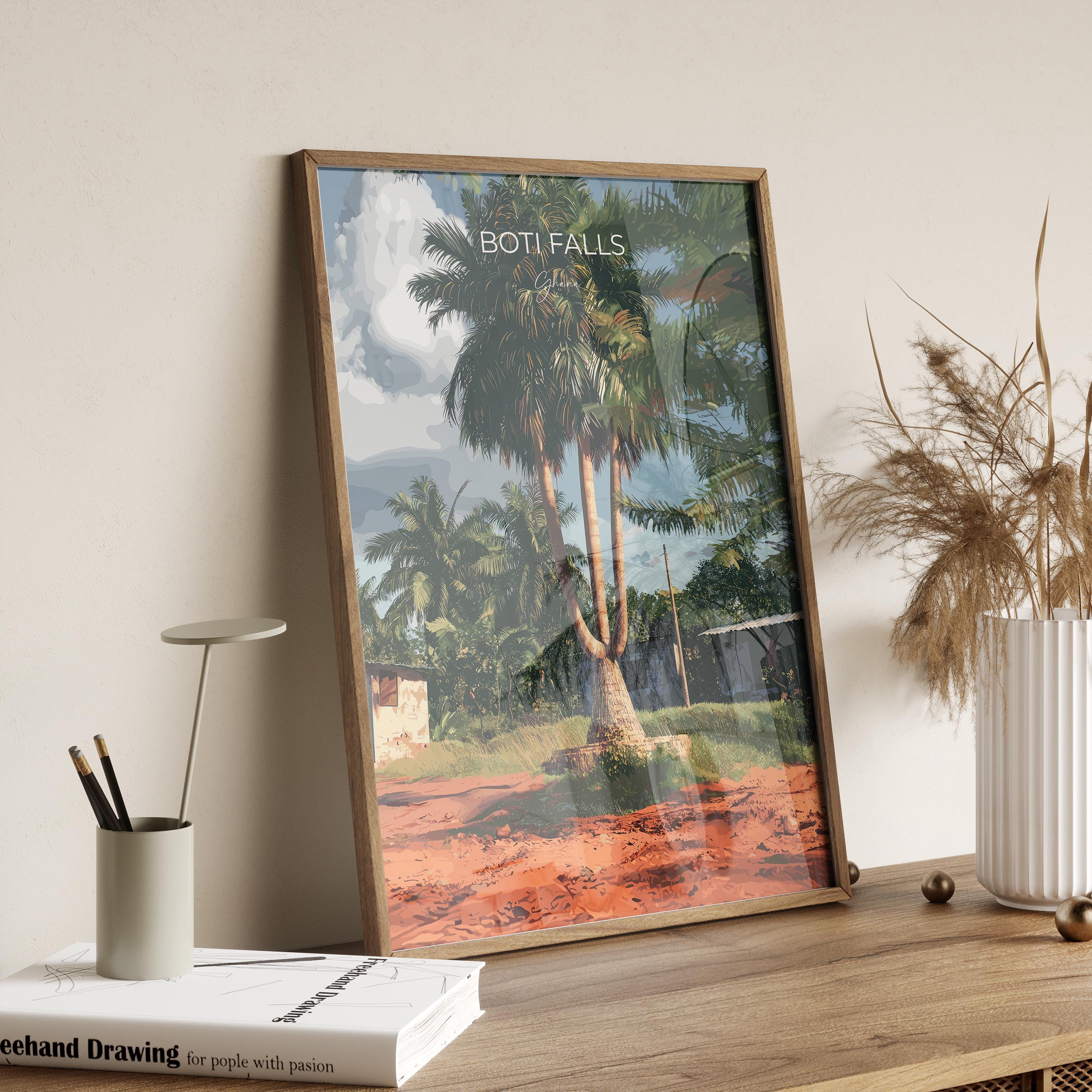 Boti Falls Travel Poster, Ghana Travel Print Collection, Three headed Palm Tree, Ghana, Africa Art Lovers Travel Gift NQ Media Designs