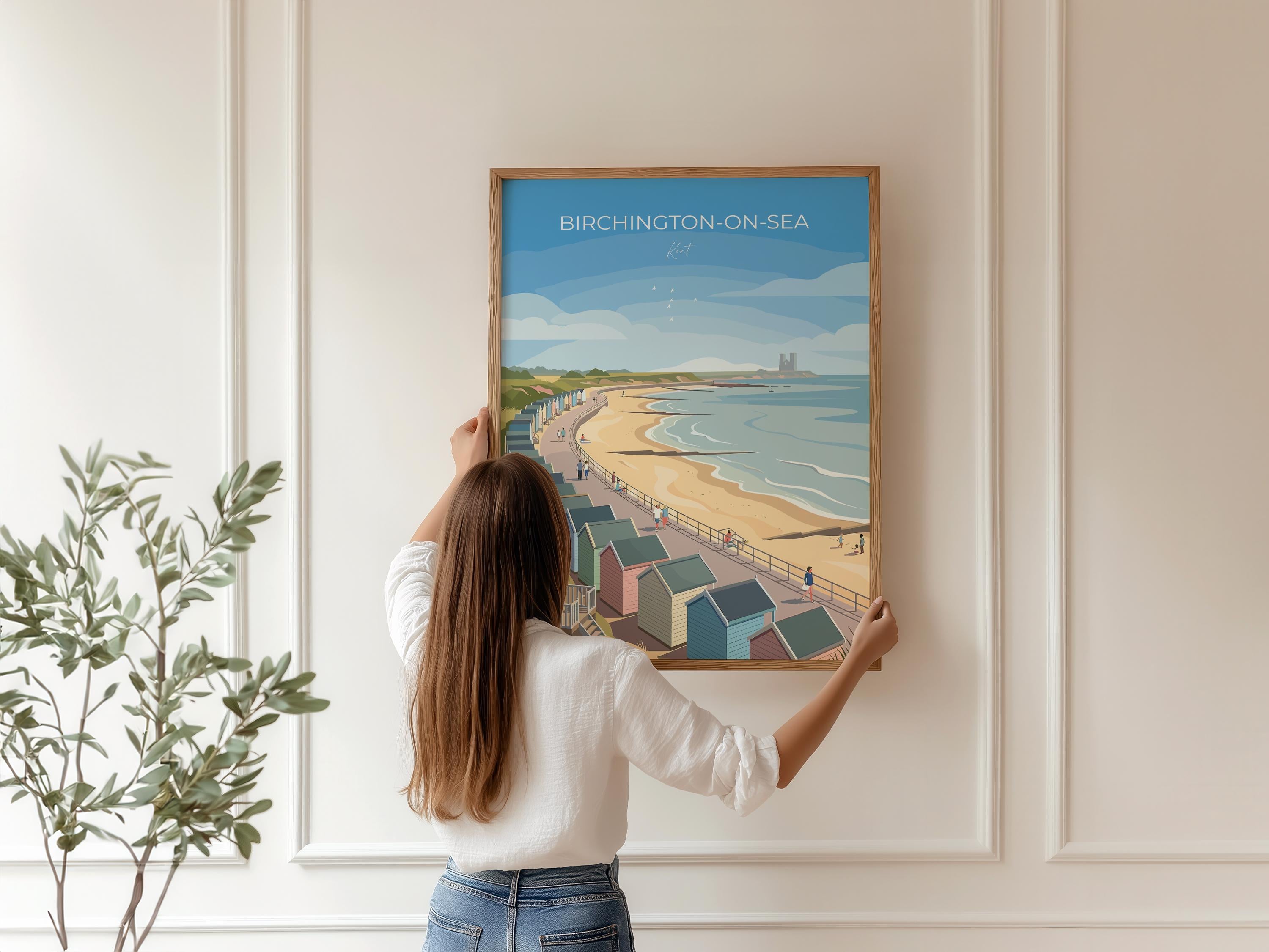 Birchington on Sea Travel Poster, Reculver Towers Beach Huts Wall Art, Kent Coast Print, Seaside Landscape Illustration, UK Coastal Decor