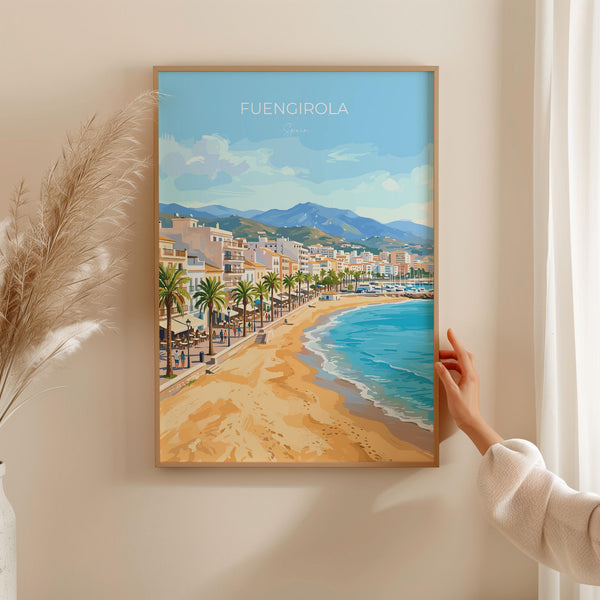 Fuengirola Spain Travel Print, Costa del Sol Beach Wall Art, Seaside Promenade Poster, Spanish Coastal Illustration, Holiday Decor