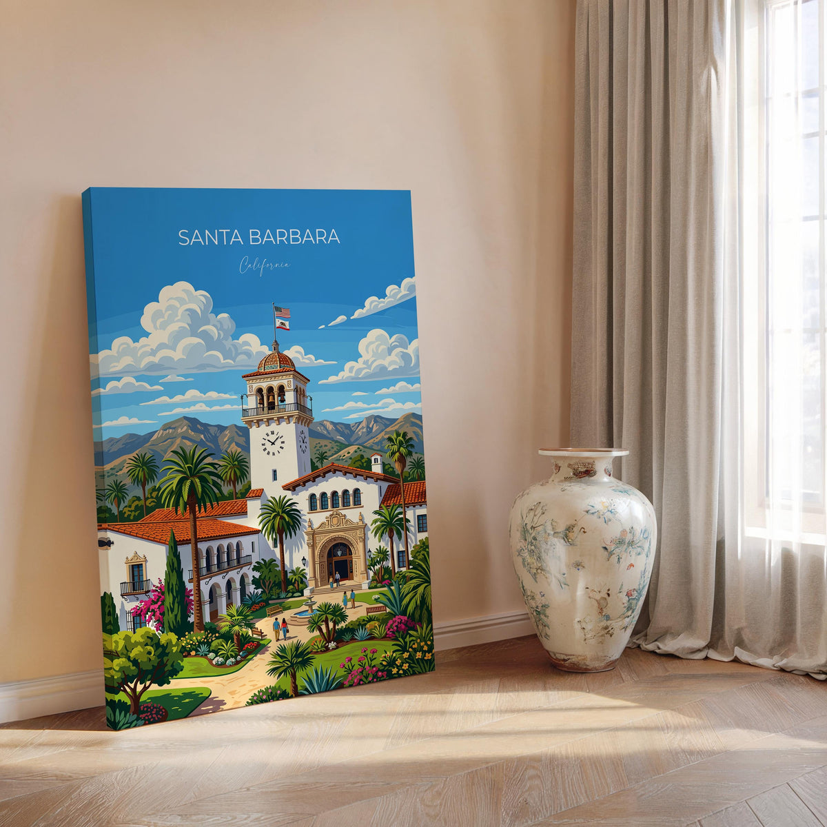 Santa Barbara Travel Poster, California Wall Art, Santa Barbara Courthouse Print, Spanish Colonial Architecture Poster, California Gift