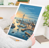 Portsmouth Travel Print Poster, Southsea & Spinnaker Tower Wall Art, Hampshire Coastal City Illustration, UK Travel Decor, Seaside Gift
