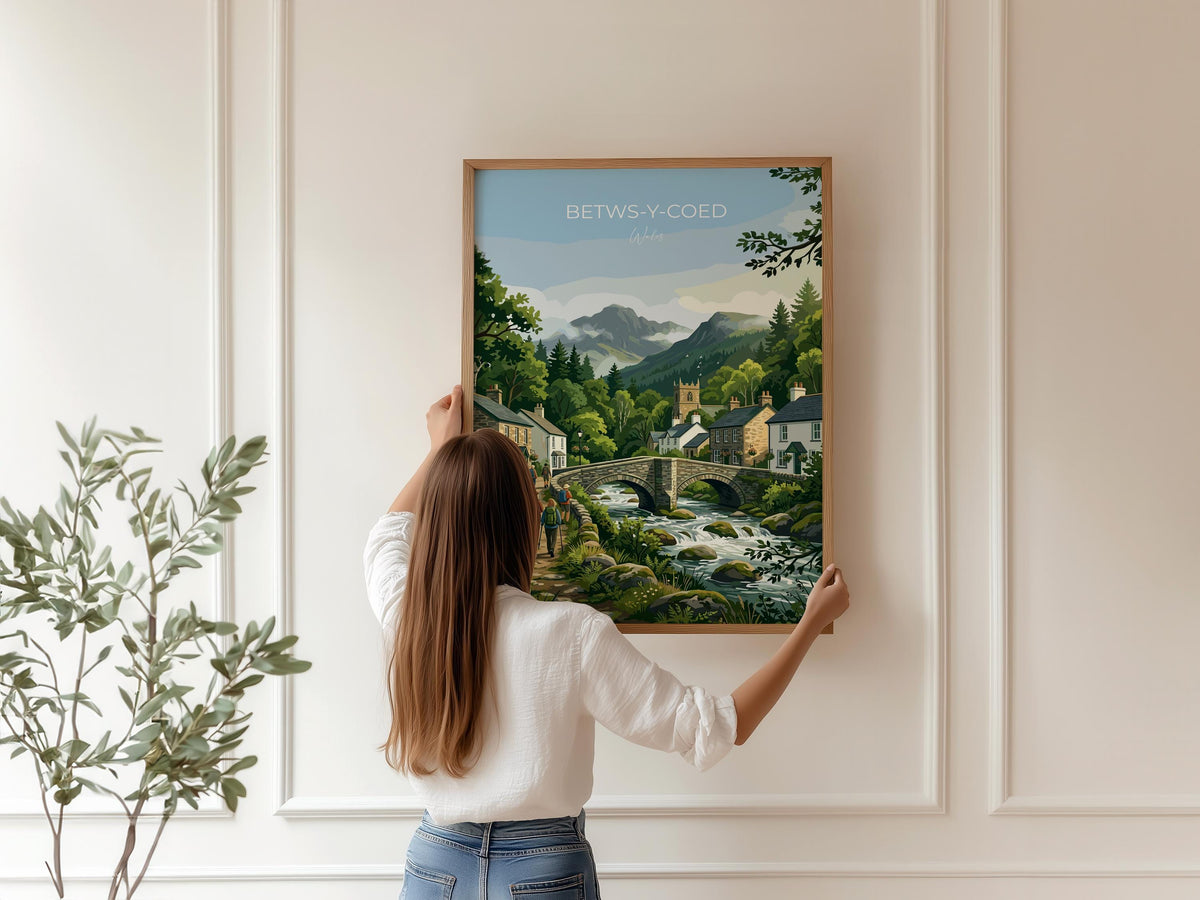 Betws-y-Coed Wales Print, Pont-y-Pair Bridge Poster, Snowdonia Wall Art with Border, Welsh Village Print, North Wales Gift Print