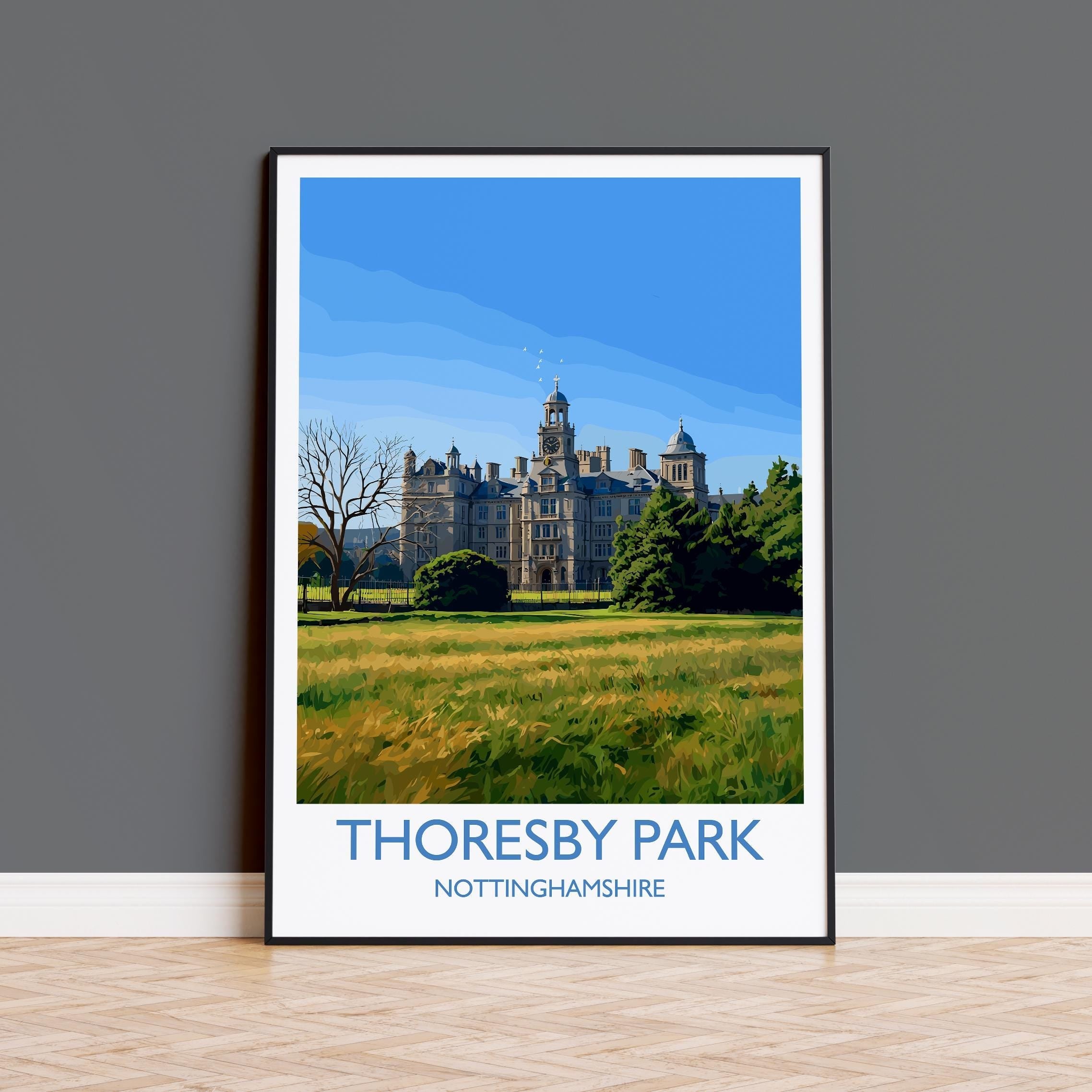 Thoresby Park Travel Poster Wall Art, Travel Print of Thoresby Park, Thoresby Hall, Nottinghamshire, England, English Countryside Art Gift NQ Media Designs
