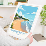 Saundersfoot Travel Poster – Pembrokeshire Coast Art with Wooden Frame Options NQ Media Designs