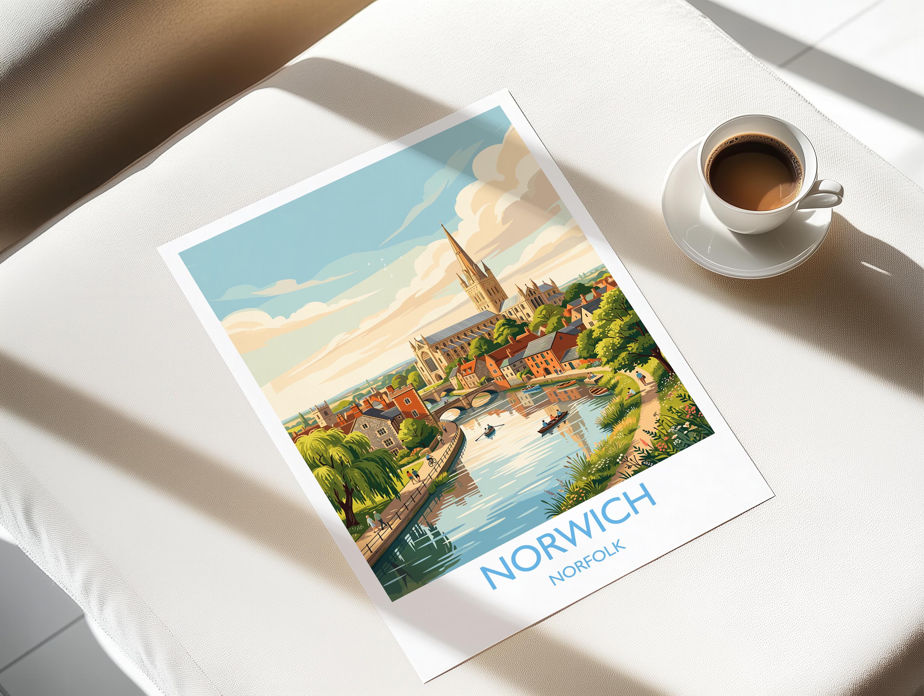 Norwich Norfolk Print, Historic Cathedral City Wall Art, English City Travel Poster, Norfolk Decor, UK Gift