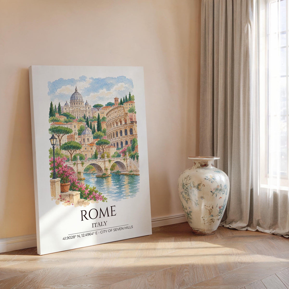 Rome Italy Watercolour Print, Colosseum Wall Art, St Peter's Basilica Poster, Tiber River Print, Italian Coordinates Print