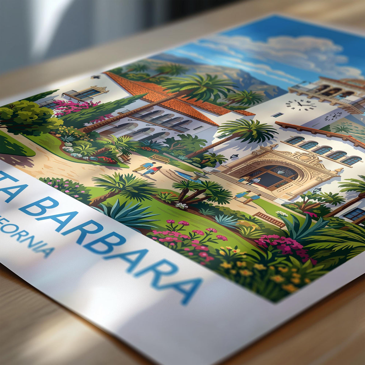 Santa Barbara Travel Print, California Wall Art with Border, Santa Barbara Courthouse Poster, Spanish Colonial Art Print, California Gift