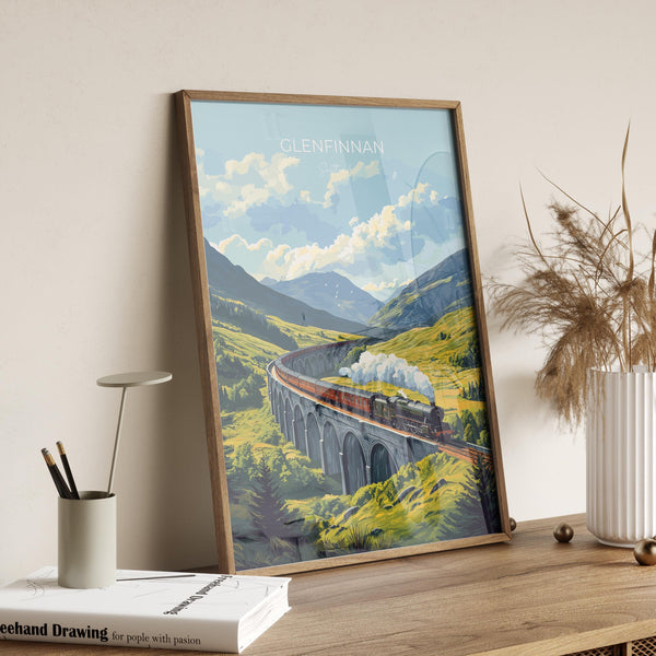 Glenfinnan Viaduct Travel Poster Wall Art, Scottish Highlands Art, Railway Bridge Print, Scotland Landscape, Steam Train Decor Artwork
