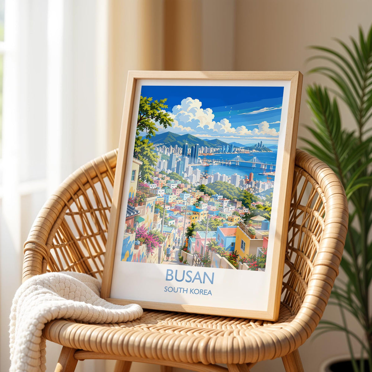 Busan Travel Print, South Korea Wall Art with Border, Gamcheon Culture Village Poster, Gwangan Bridge Art Print, Busan Gift