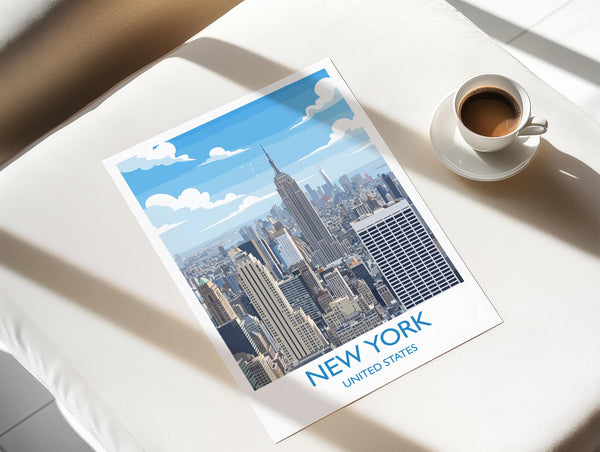 New York City Art Print, Manhattan Skyline View, Empire State, Travel Poster