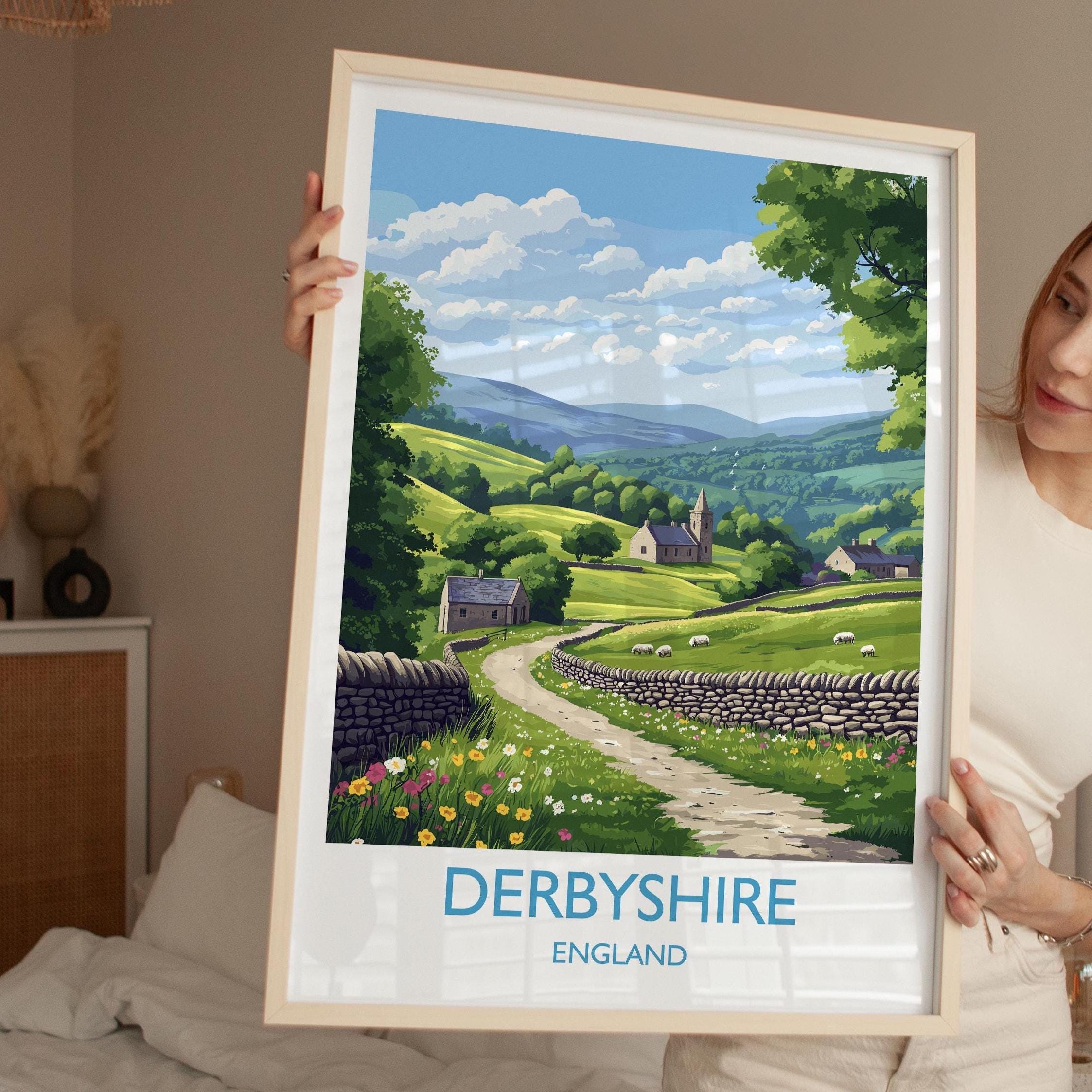 Derbyshire Travel Poster Wall Art, Derbyshire Travel Print, English Countryside Art Gift, Wall Art Print NQ Media Designs