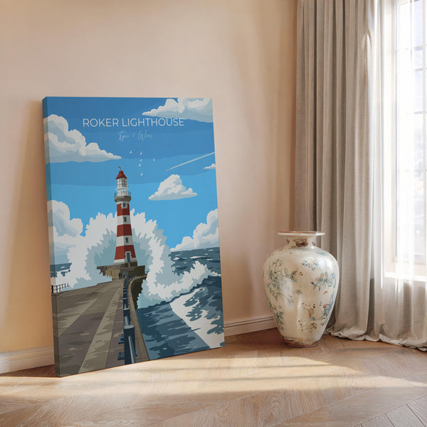 Roker Lighthouse Travel Poster Wall Art, Travel Print of Roker Pier Lighthouse, Sunderland, Northern England, Tyne & Wear Art Gift