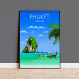 a poster of a tropical island with two boats