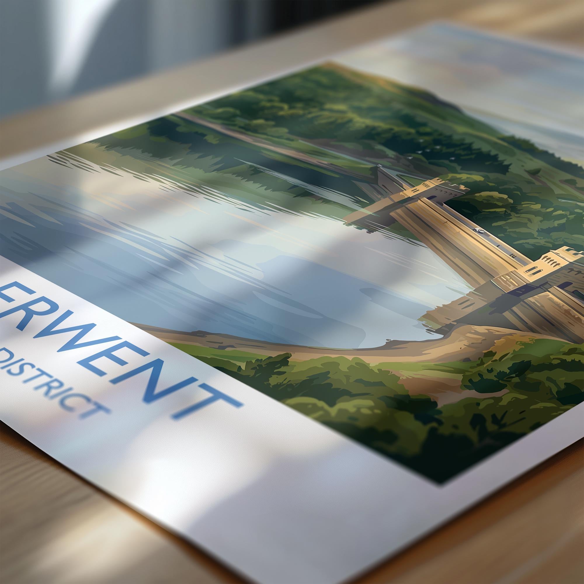 Derwent Reservoir Dam Travel Poster, Peak District Wall Art, Ladybower Dam Print, Derbyshire Landscape Illustration, UK Nature Decor NQ Media Designs