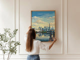 Canary Wharf London Travel Print, Royal Victoria Dock Wall Art, London Skyline Poster, O2 & Cable Car, East London Travel Poster