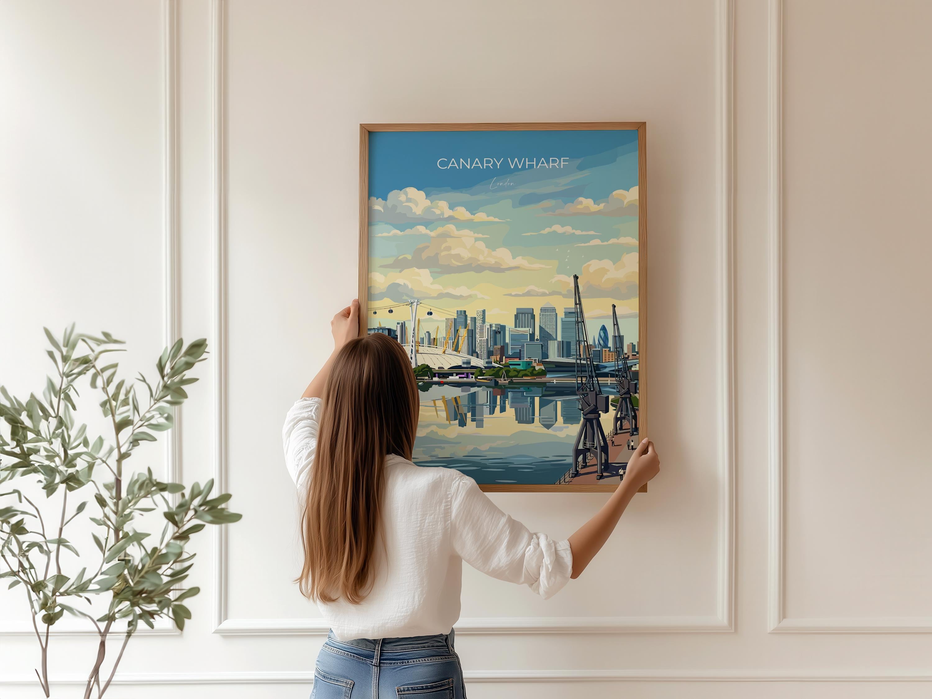 Canary Wharf London Travel Print, Royal Victoria Dock Wall Art, London Skyline Poster, O2 & Cable Car, East London Travel Poster