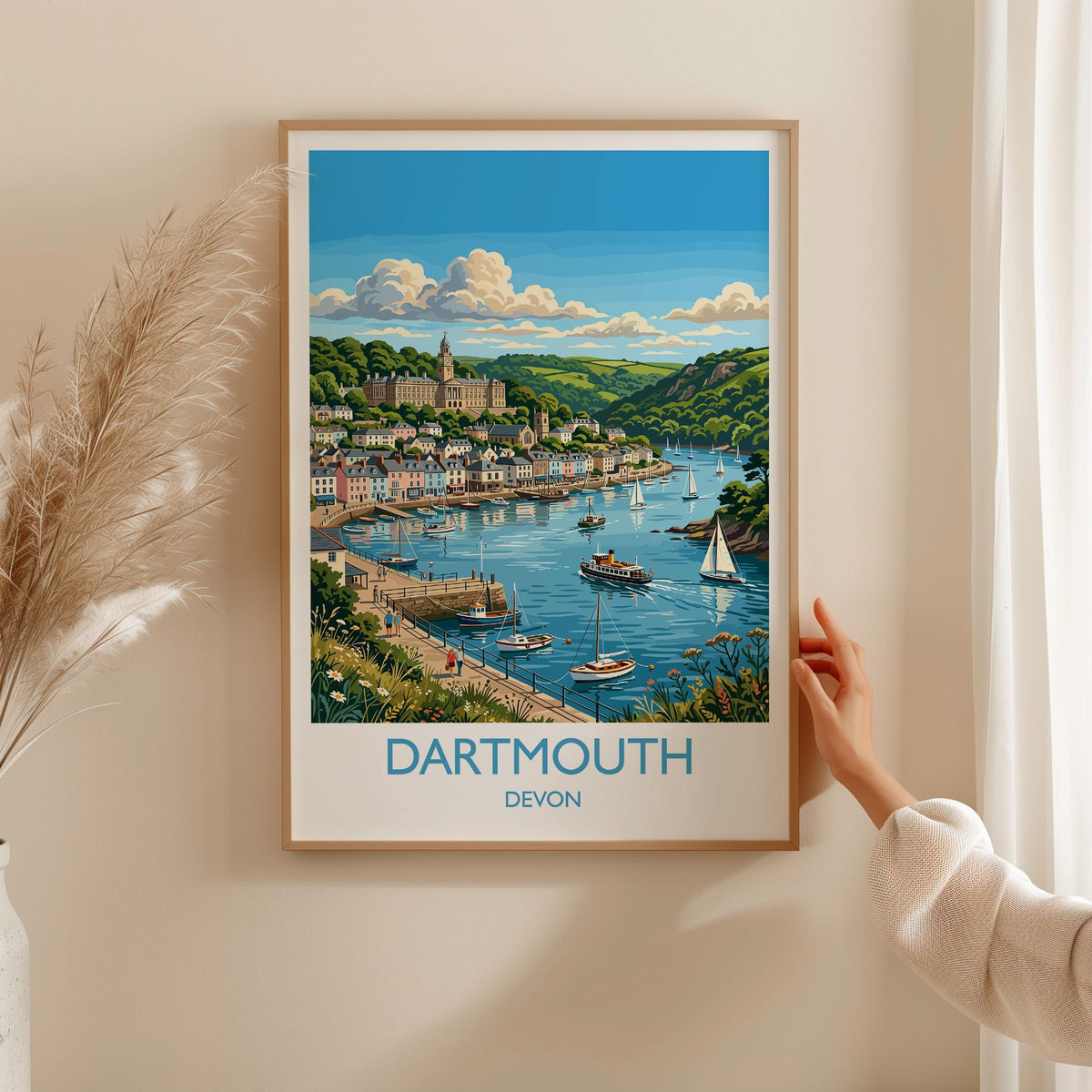 Dartmouth Print, Devon Travel Poster with White Border, River Dart Wall Art, Britannia Royal Naval College Print, Devon Coastal Gift