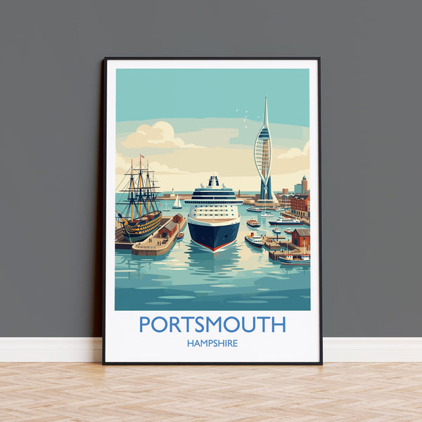 Portsmouth Travel Poster Print, Southsea & Spinnaker Tower Wall Art, Hampshire Coastal City Illustration, UK Travel Decor, Seaside Gift