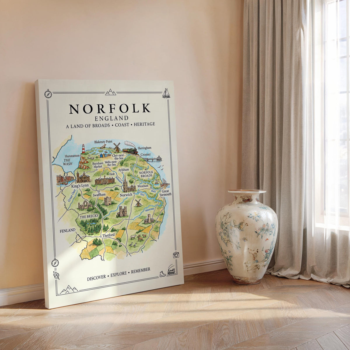 Norfolk Illustrated Map Print, England Wall Art, Norfolk Broads Map Poster, Framed or Canvas Print, Norfolk Gift