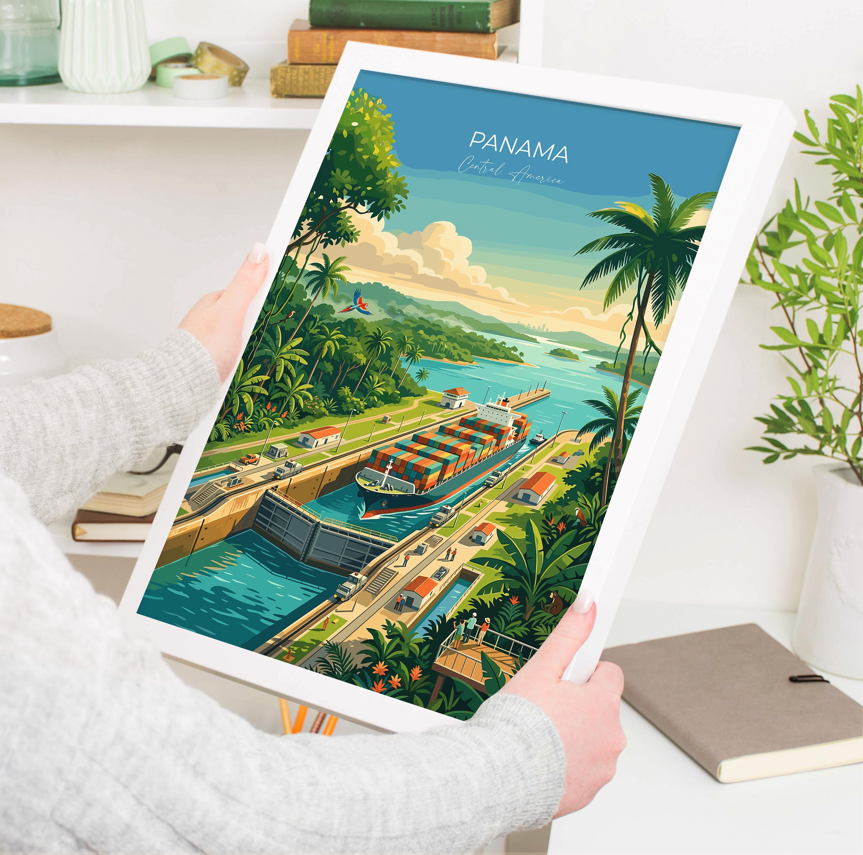 Panama Travel Poster, Panama Canal Wall Art, Panama City Skyline Print, Canal & Rainforest Poster, Central America Travel Poster