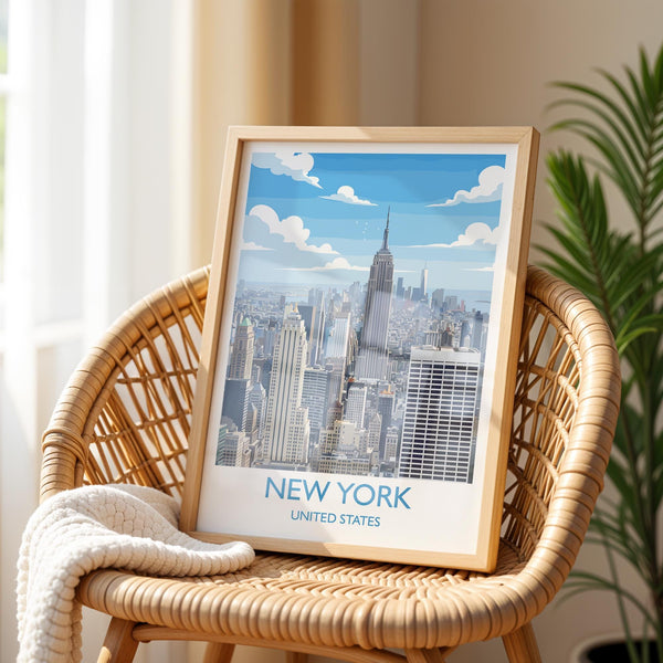 New York City Art Print, Manhattan Skyline View, Empire State, Travel Poster