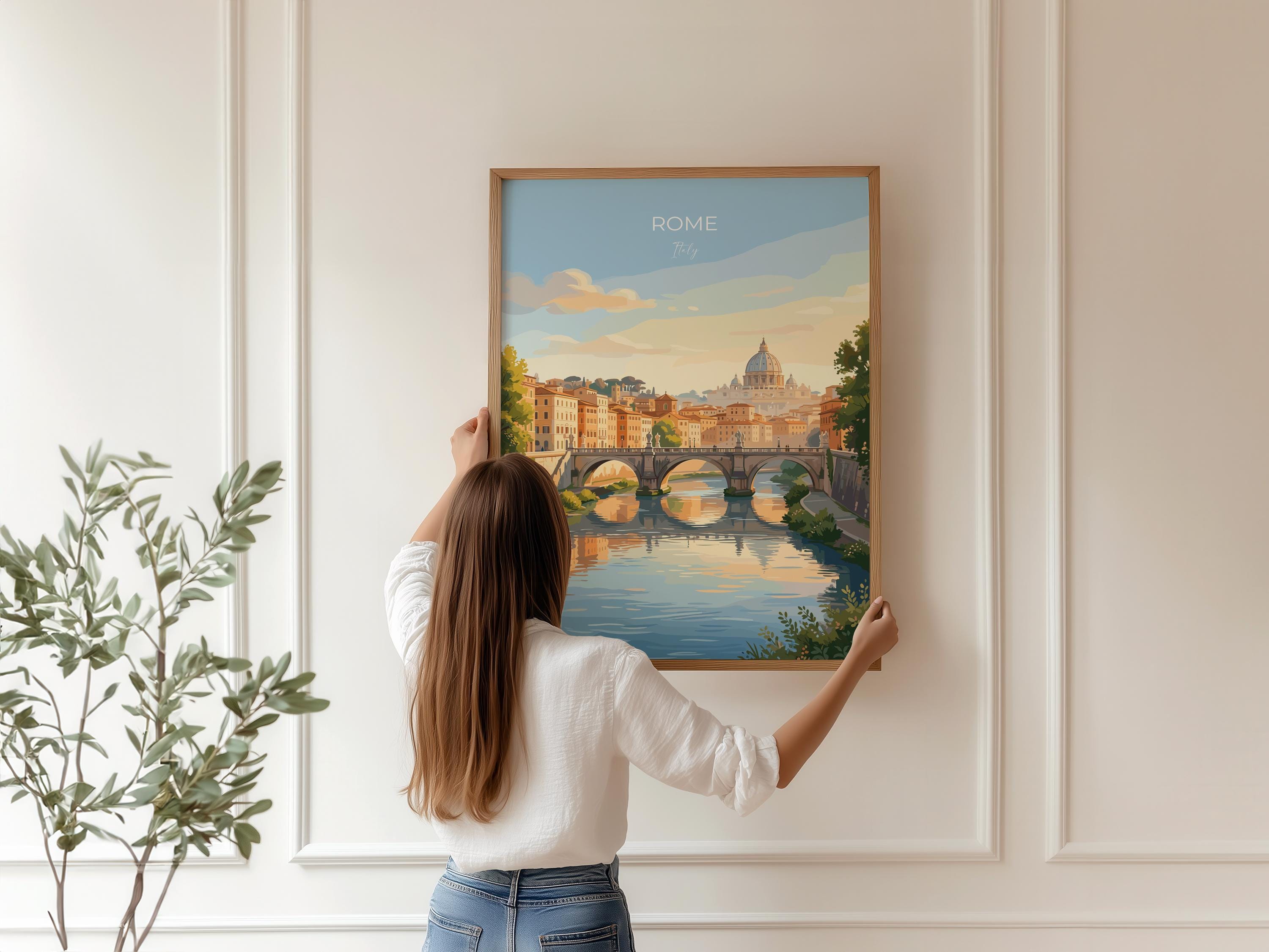 Rome Tiber River Travel Print, Rome Skyline Wall Art, Historic Bridge & Cityscape Poster, Italy Landscape Illustration, Europe Decor