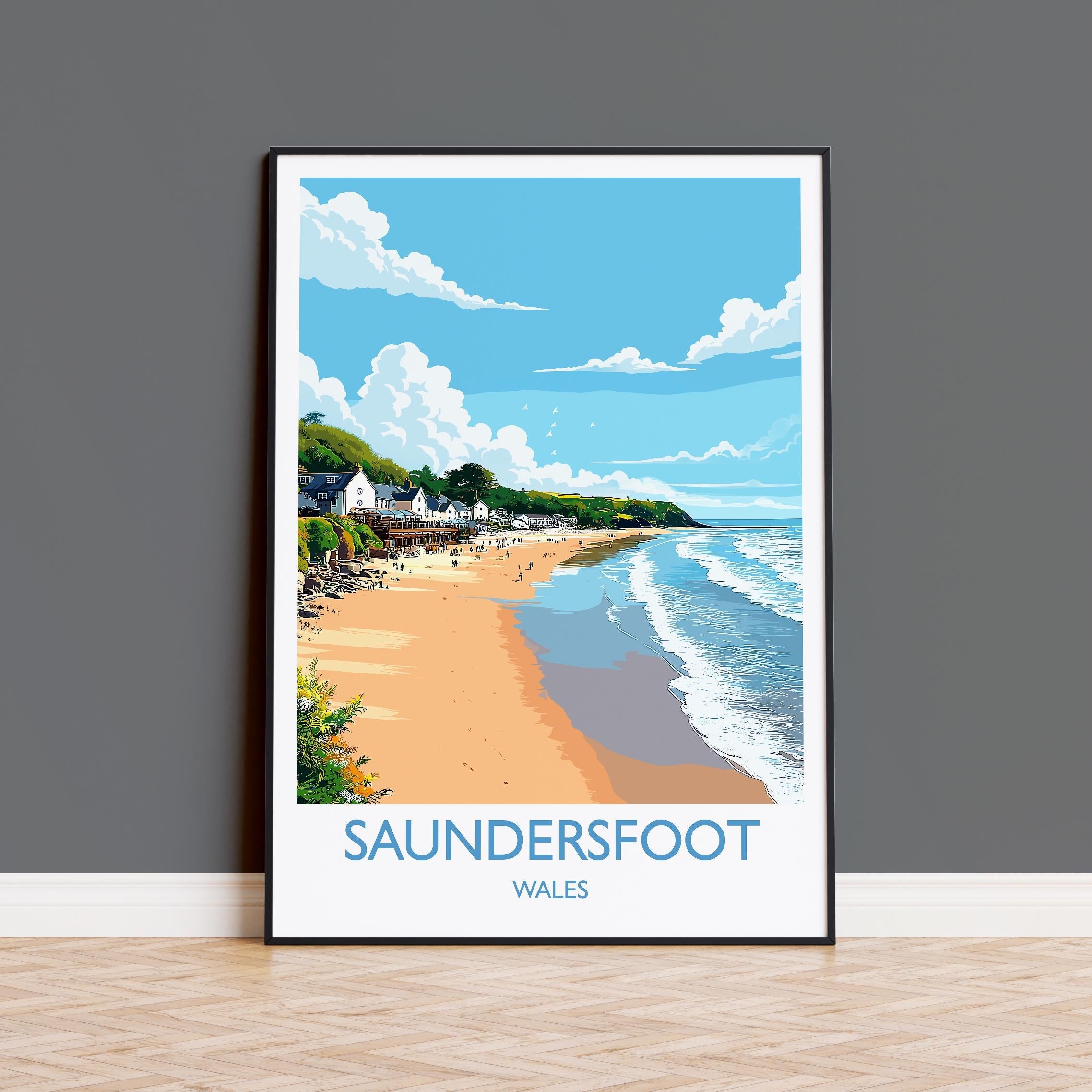Saundersfoot Travel Poster – Pembrokeshire Coast Art with Wooden Frame Options NQ Media Designs