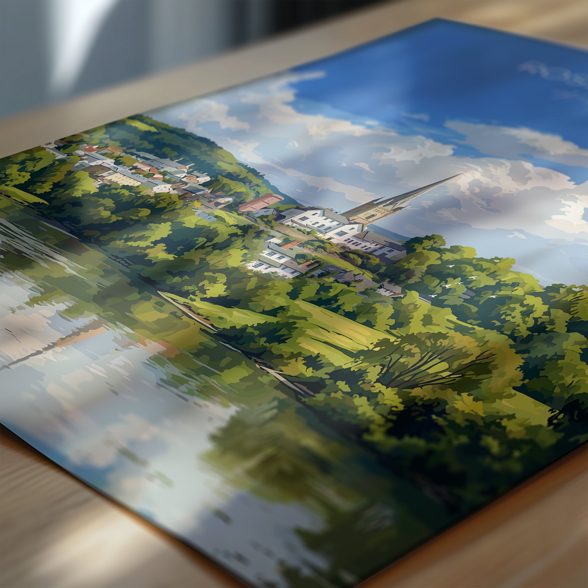a picturesque landscape with a church spire, surrounded by lush greenery and a serene body of water.