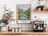 Dovedale Stepping Stones Travel Poster, Peak District Wall Art, Derbyshire Landscape Print, River Dove Illustration, UK Nature Decor