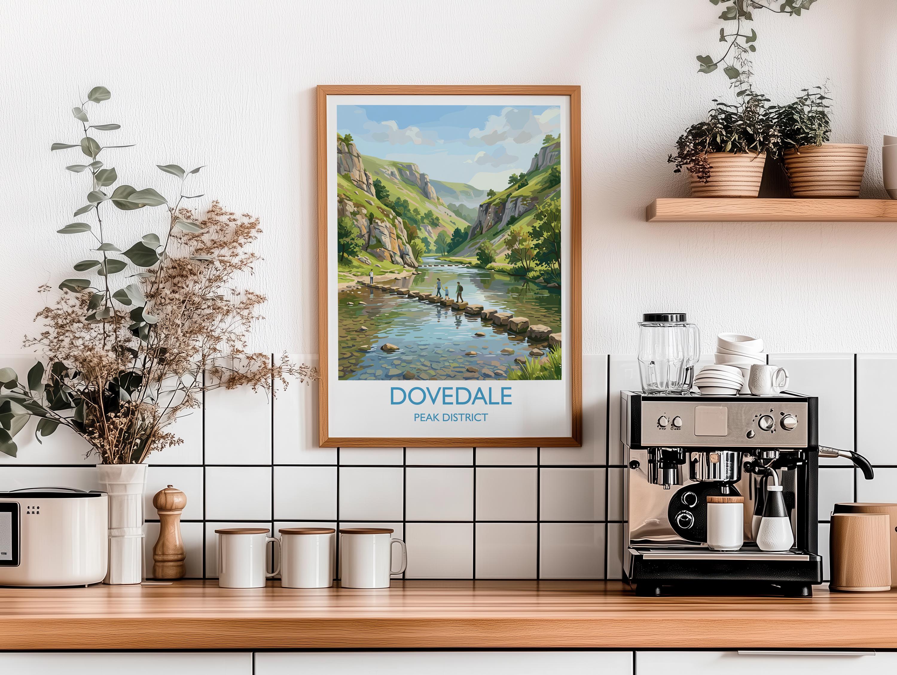 Dovedale Stepping Stones Travel Poster, Peak District Wall Art, Derbyshire Landscape Print, River Dove Illustration, UK Nature Decor