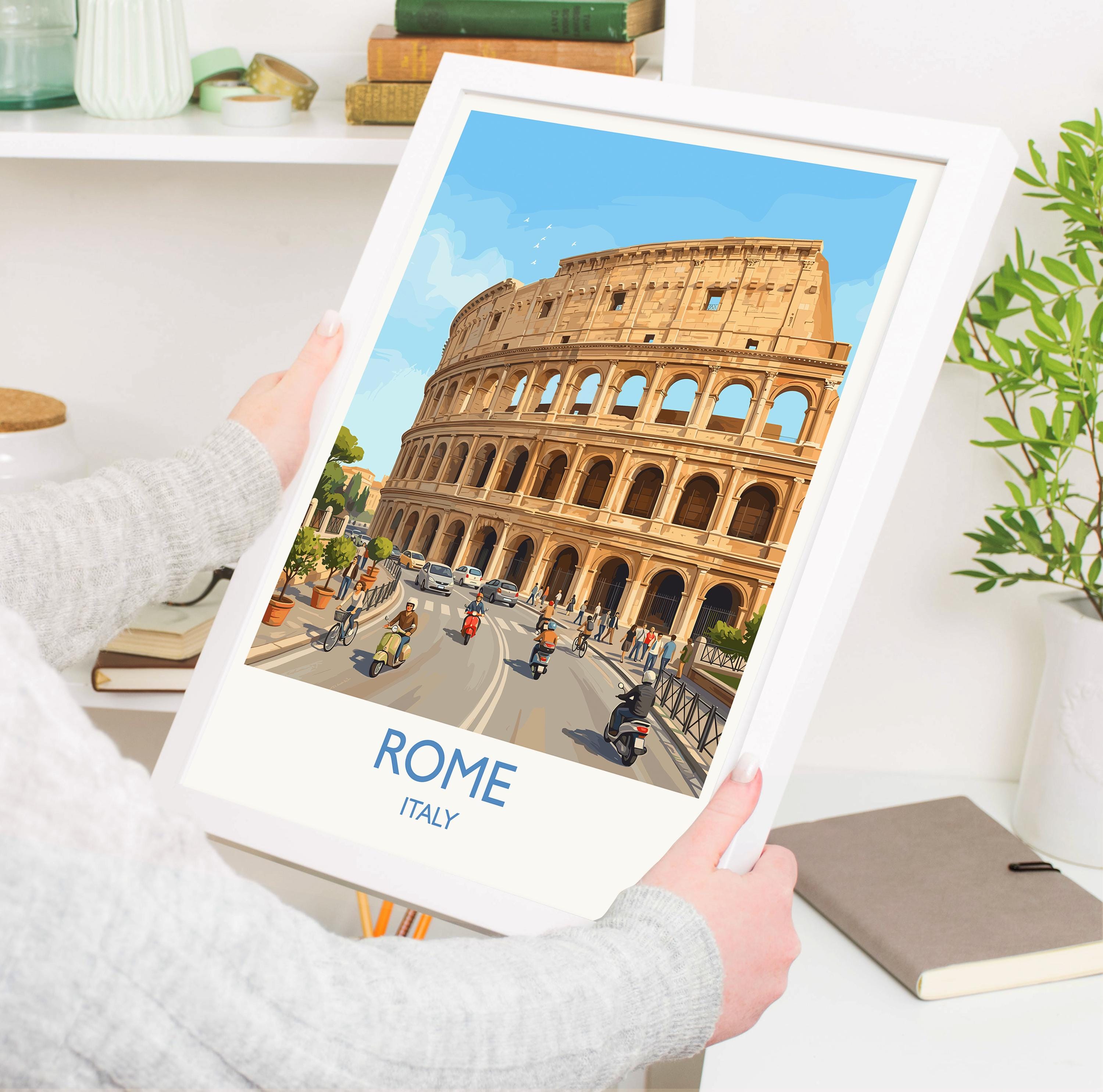 Rome Colosseum Travel Poster, Rome Italy Wall Art, Ancient Roman Architecture Print, Historic Landmark Illustration, Europe Decor, Rome Gift
