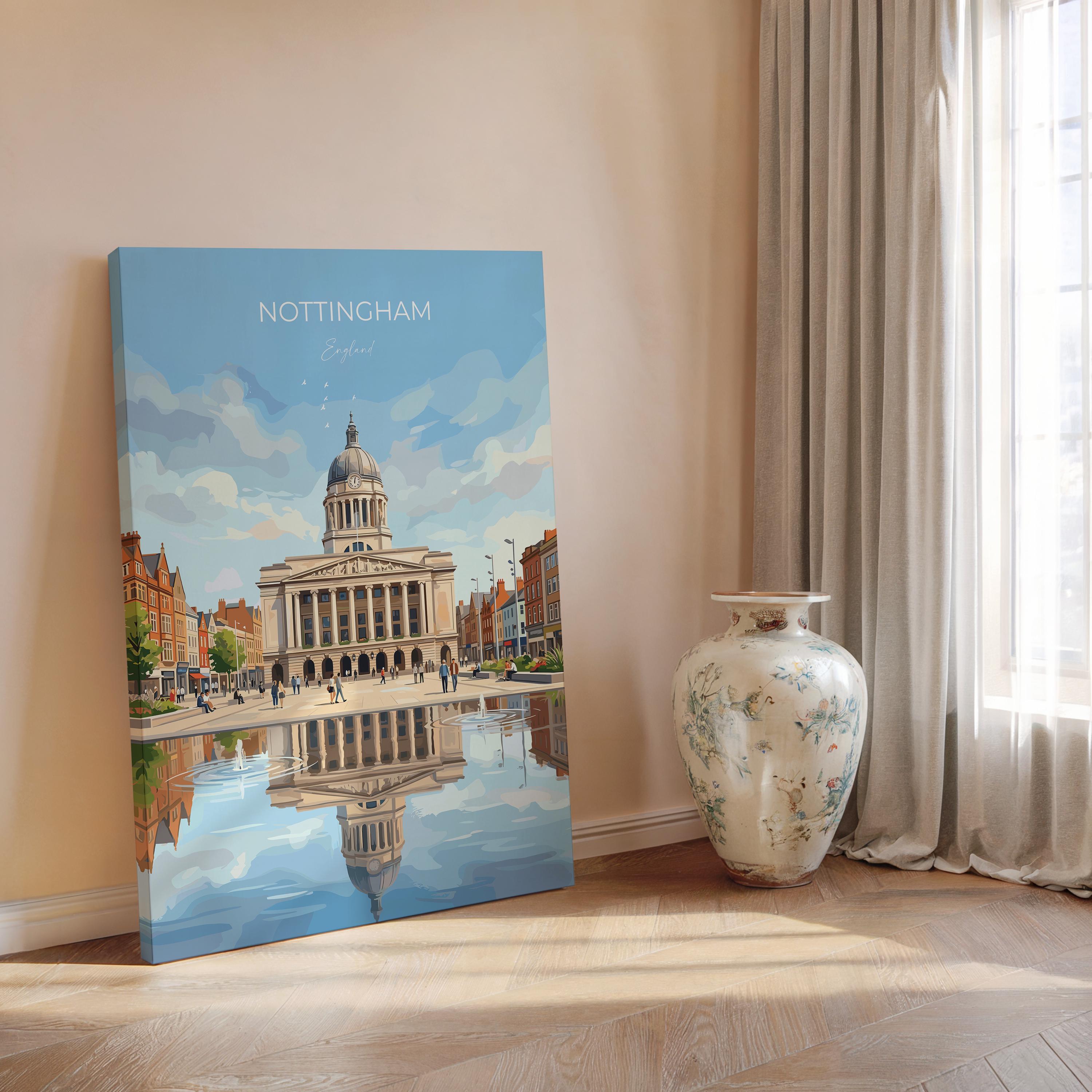 Nottingham Travel Print, Exchange Building Wall Art, Old Market Square Poster, Nottingham City Illustration, UK City Decor, Nottingham Gift