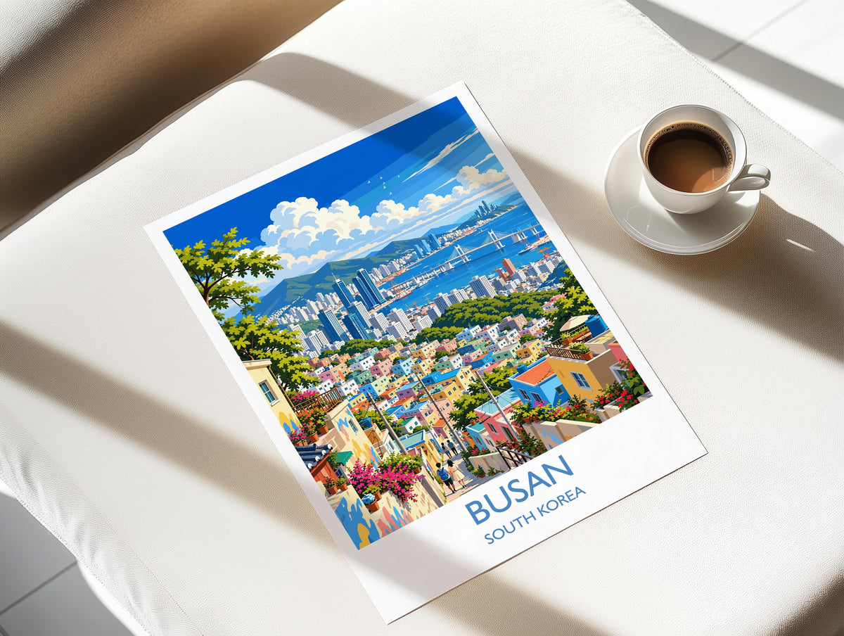 Busan Travel Print, South Korea Wall Art with Border, Gamcheon Culture Village Poster, Gwangan Bridge Art Print, Busan Gift