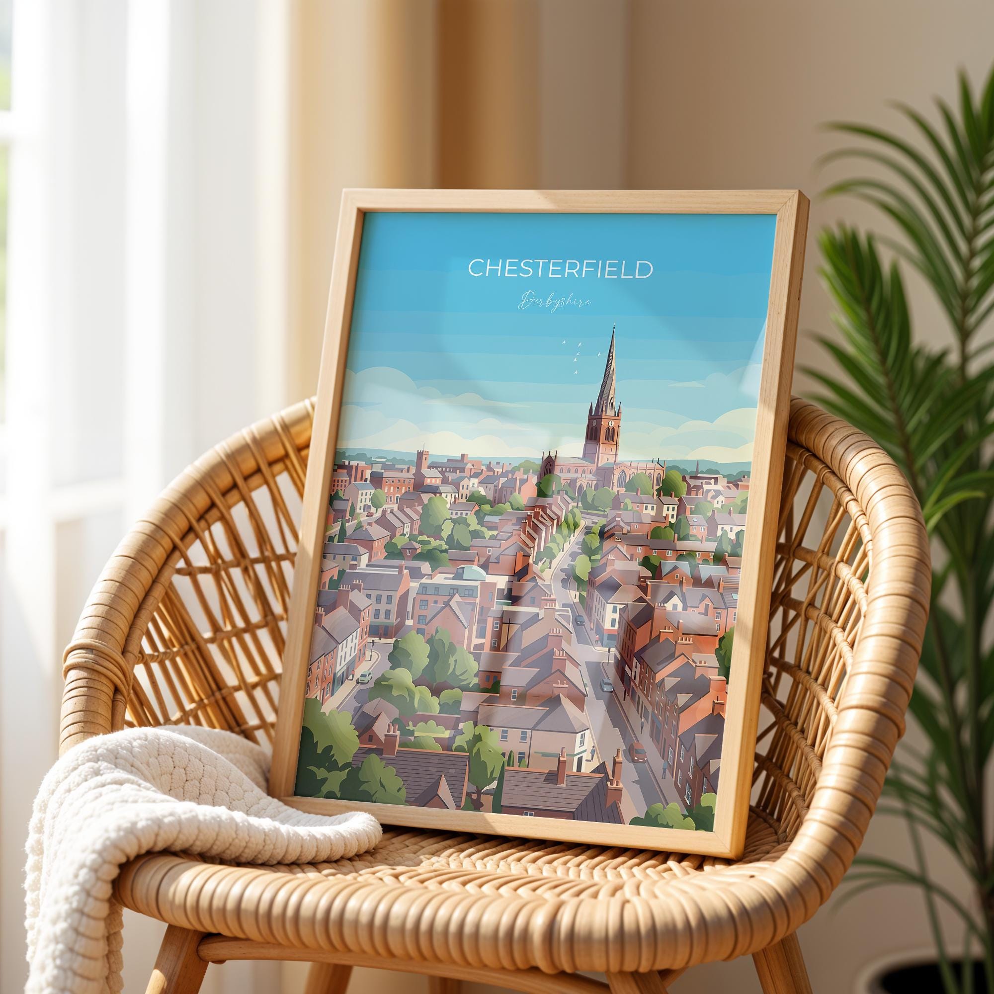 Chesterfield Travel Poster, Crooked Spire Church Wall Art, Derbyshire Town Print, St Marys Church Illustration, Chesterfield Gift