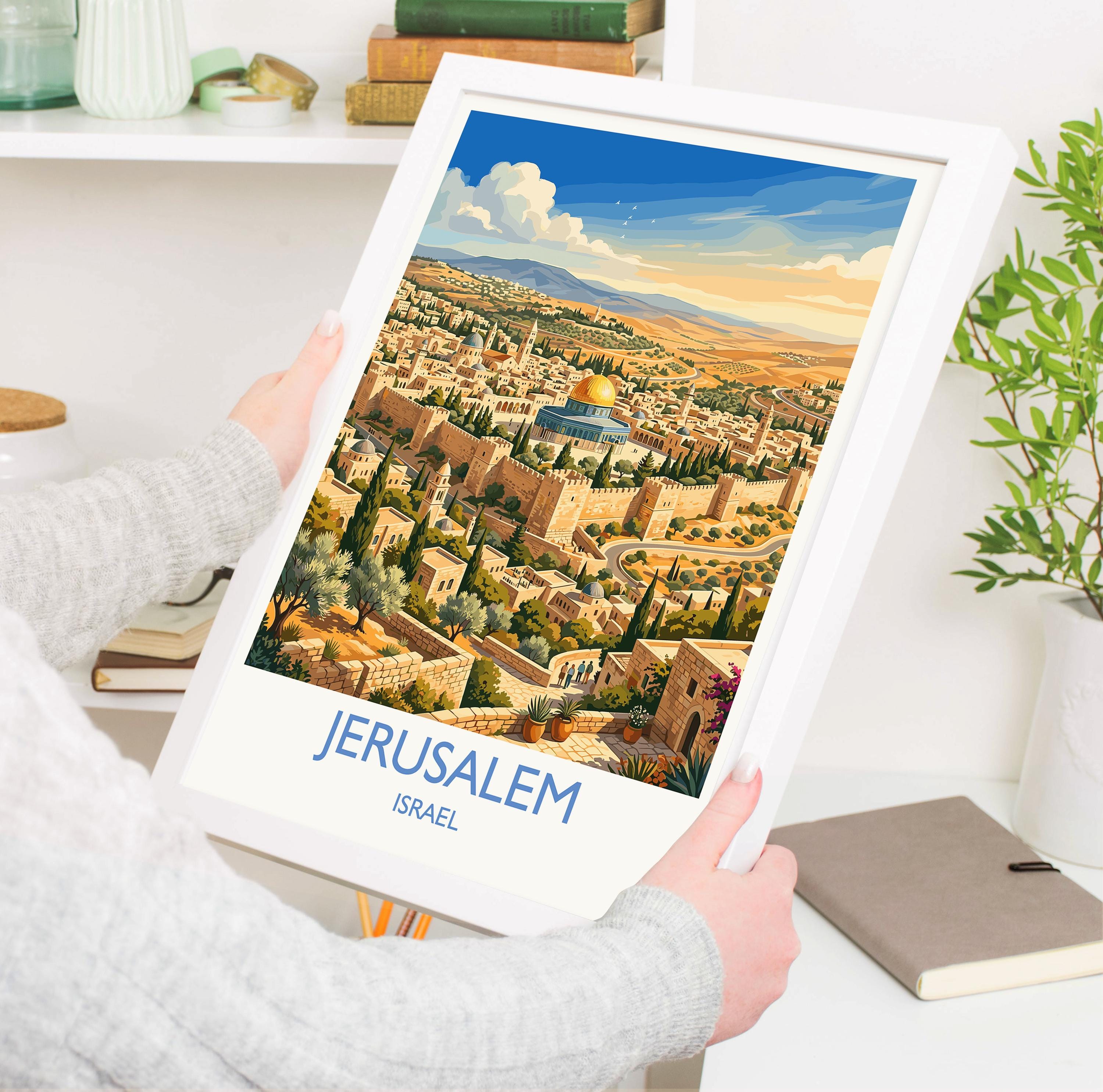 Jerusalem Israel Travel Poster, Old City Wall Art, Dome of the Rock Print, Jerusalem Skyline Illustration, Historic Middle East Decor