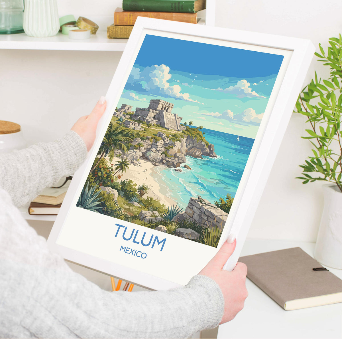 Tulum Mexico Print, Mayan Ruins Wall Art with Border, Caribbean Poster, Mexico Travel Print, Tulum Gift Print