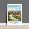 Shrewsbury Travel Poster, River Severn Wall Art, Shrewsbury Town Print, Historic Church Illustration, Shropshire Landscape, UK Decor