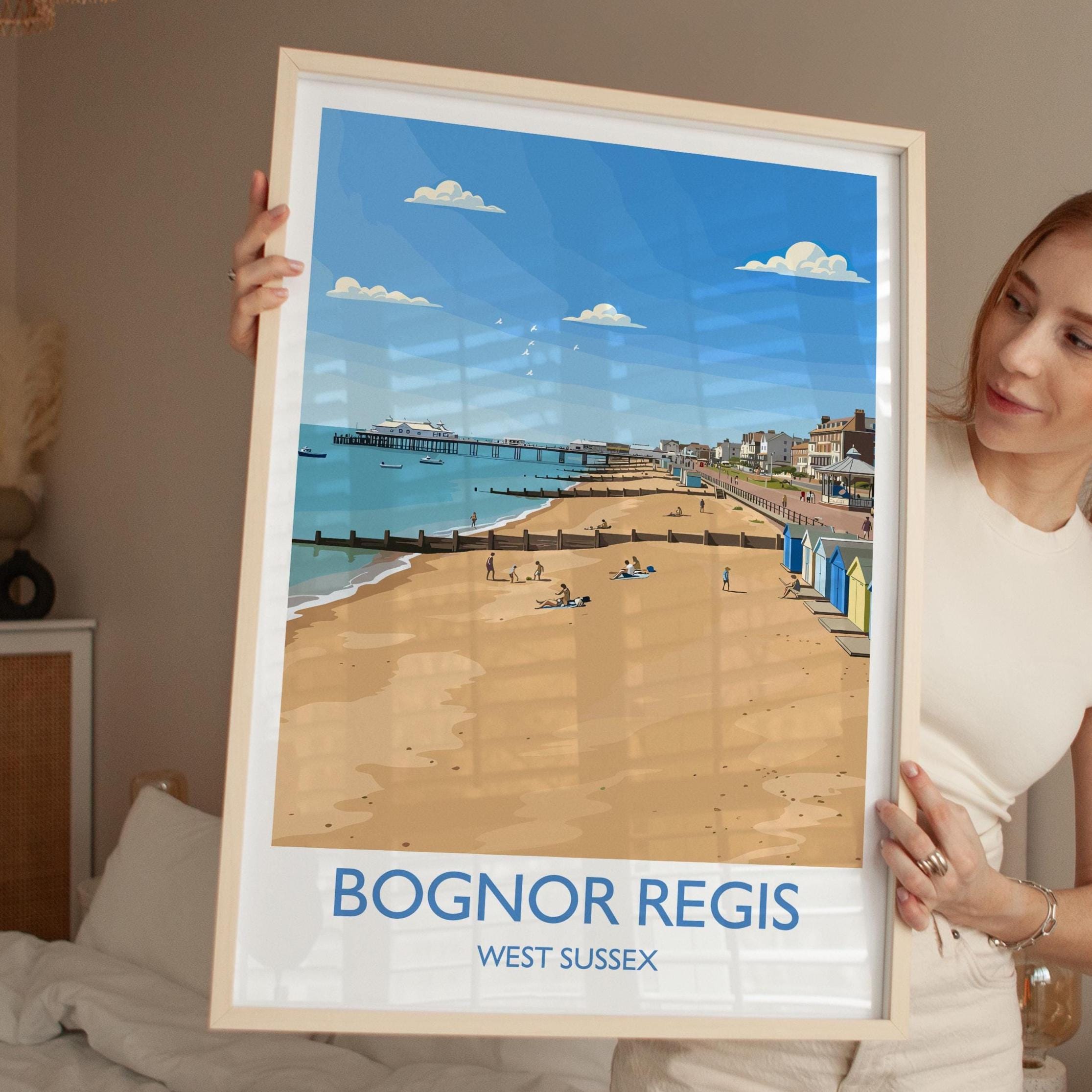 Bognor Regis Travel Poster Wall Art, Travel Print of Bognor Regis, West Sussex, English Seaside Town Art, England Art Gift NQ Media Designs