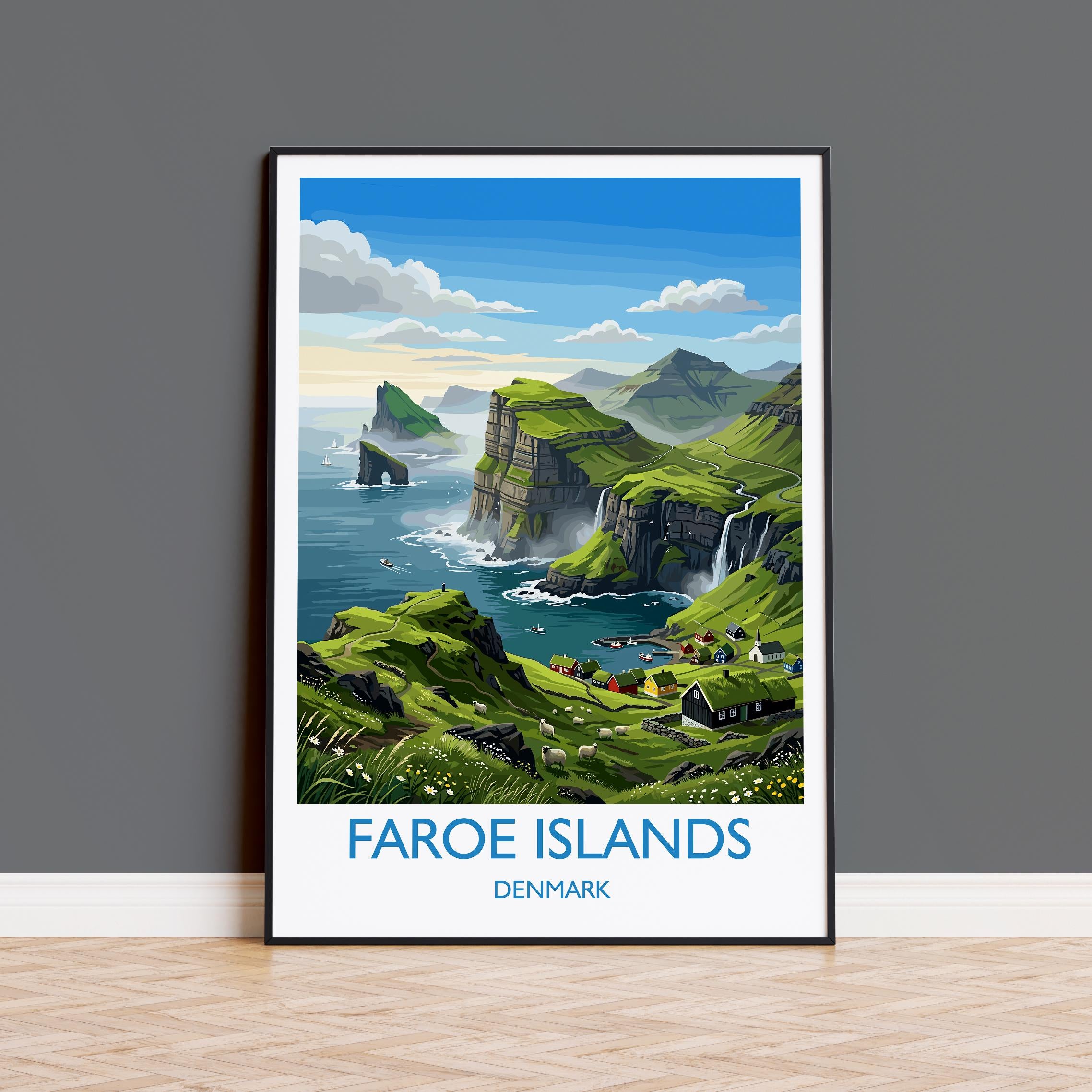 Faroe Islands Denmark Travel Poster, Faroe Islands Wall Art, Nordic Landscape Print, Dramatic Cliffs & Villages, Scandinavian Travel Decor