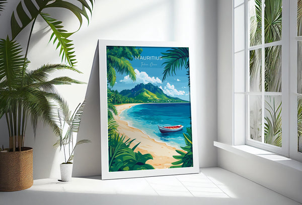A framed poster of a tropical beach scene with palm trees, a boat on the water, and a mountain in the background, displayed on a wall near a window.