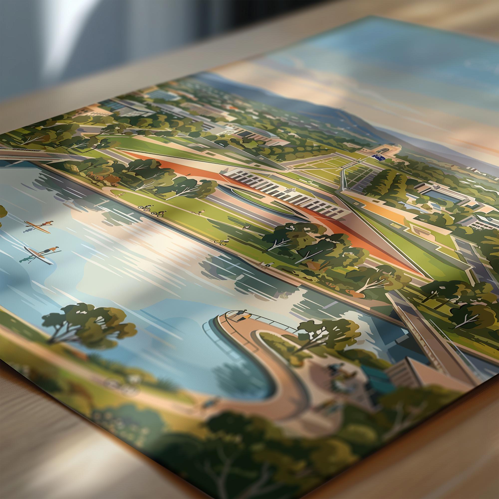 Canberra Australia Travel Poster, Parliament House Wall Art, Australian Capital City Print, Lake Burley Griffin Illustration, Australia Art