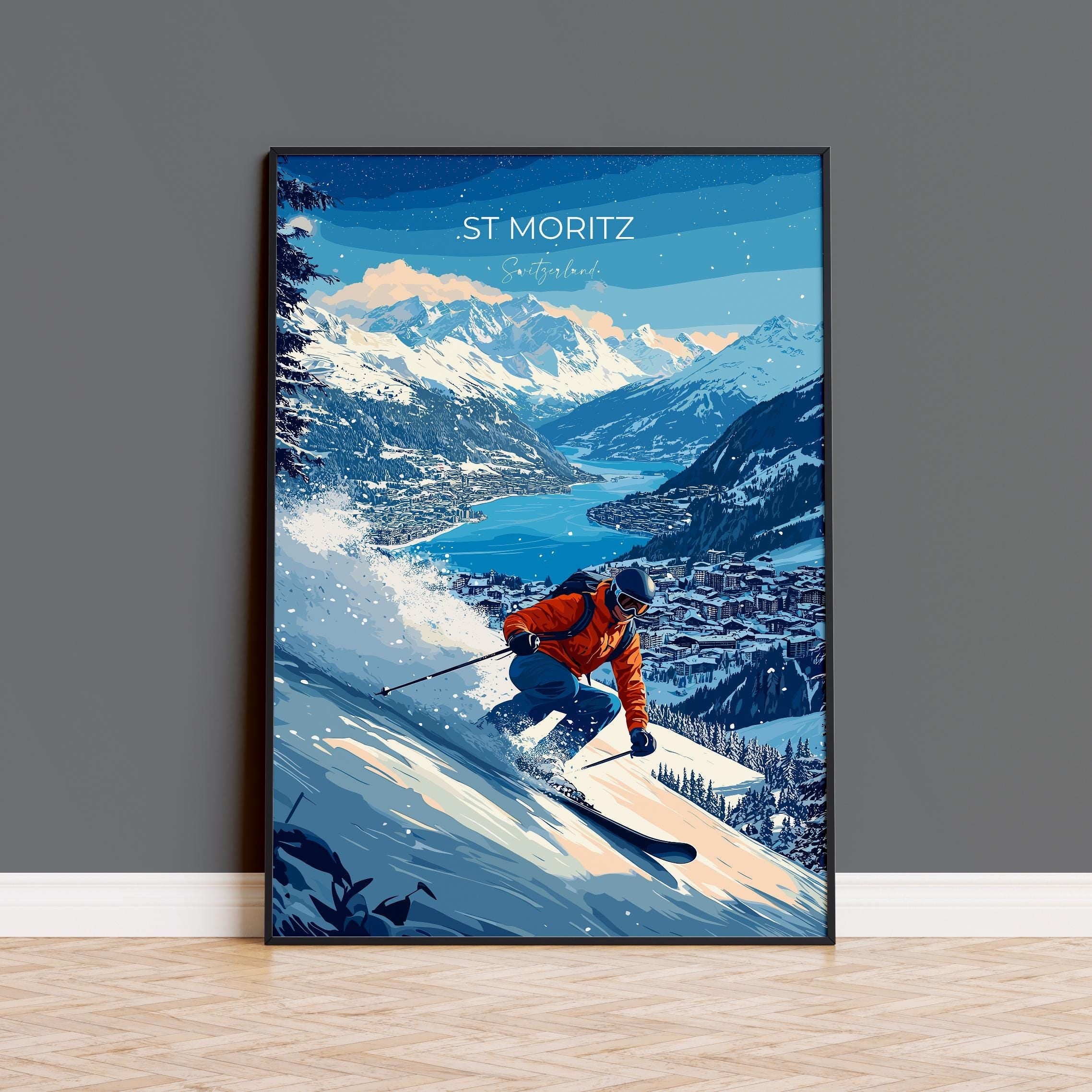 St Moritz Wall Art Travel Poster, Travel Print of St Moritz, Ski Poster, Switzerland Alps Art Travel Lovers Gift NQ Media Designs