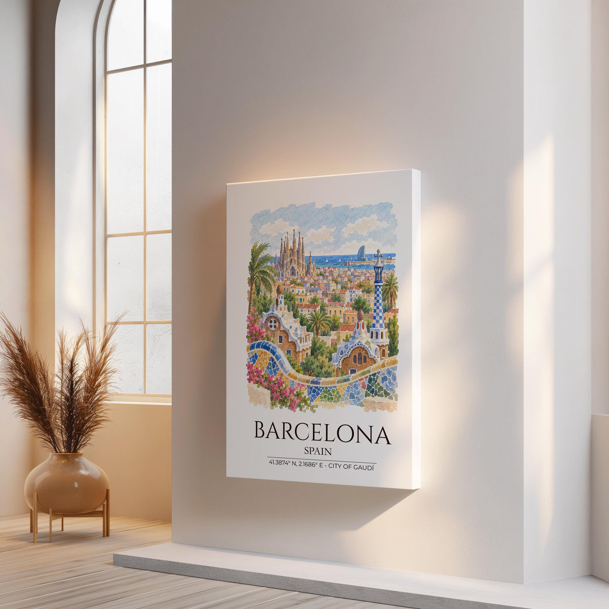 Barcelona Spain Watercolour Print, Sagrada Familia Wall Art, Park Güell Poster, Gaudí Architecture Print, Spanish Coordinates Print
