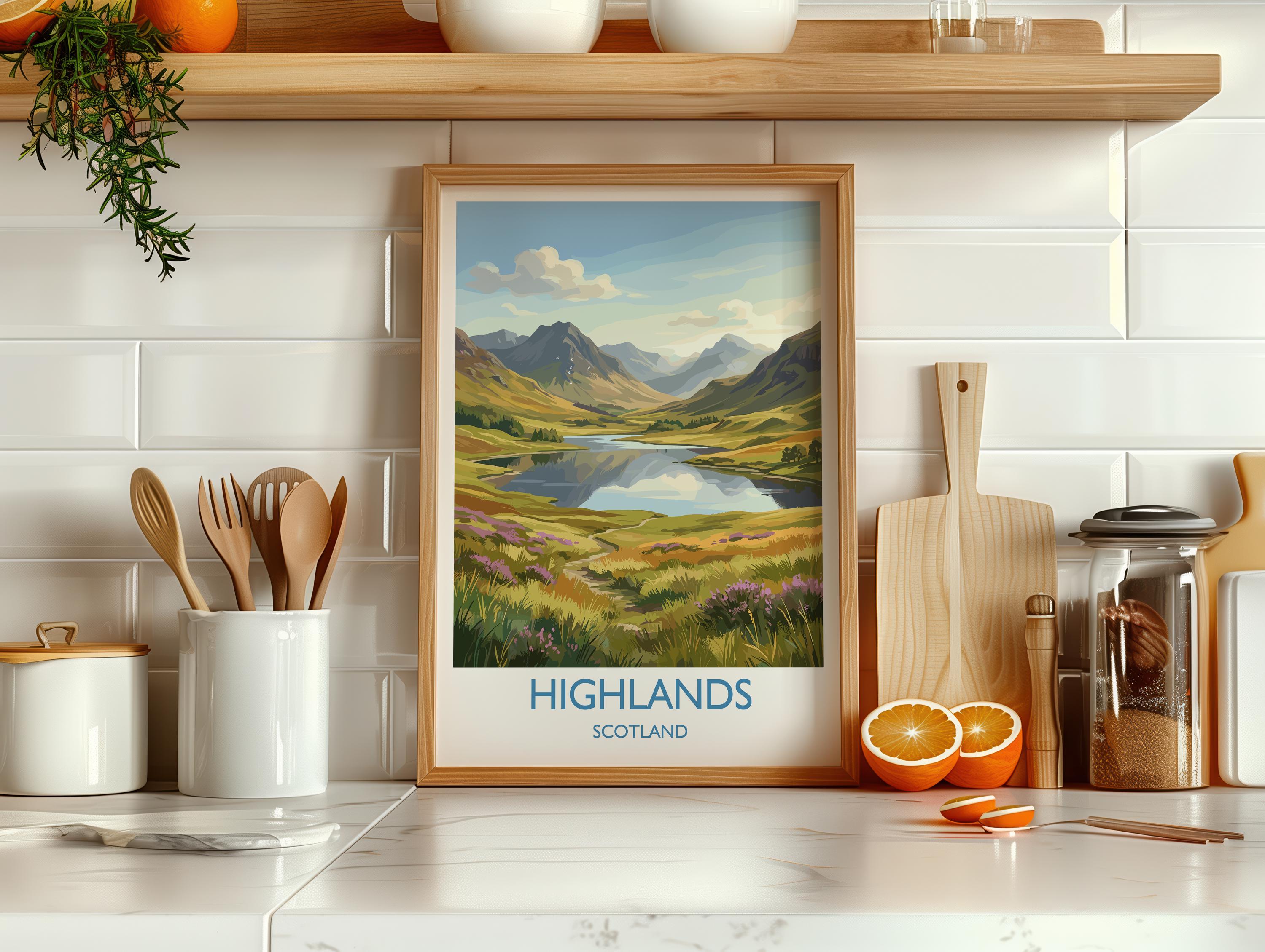 Scottish Highlands Travel Poster, Scotland Landscape Wall Art, Mountain & Loch Print, Dramatic Nature Illustration, UK Decor, Scotland Gift