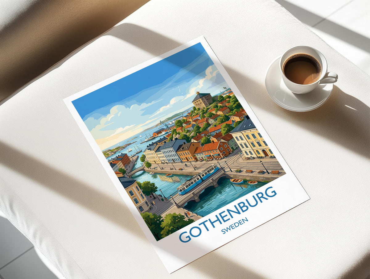 Gothenburg Sweden Travel Poster, Skansen Kronan Wall Art, Gothenburg Tram Print, Historic City & Harbour, Swedish Travel Poster