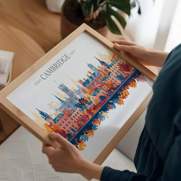 Cambridge Travel Poster Skyline Wall Art Landscape, Travel Print of Cambridge, Cambridge Art Lovers Gift, England Horizontal Art Gift