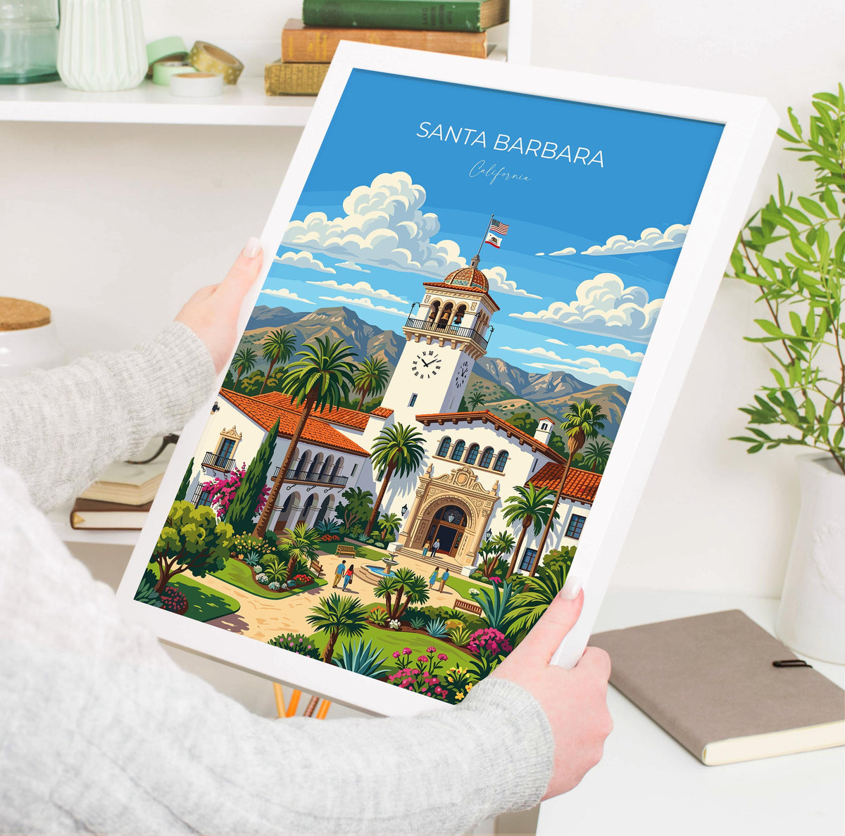 Santa Barbara Travel Poster, California Wall Art, Santa Barbara Courthouse Print, Spanish Colonial Architecture Poster, California Gift