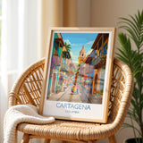 Cartagena Colombia Travel Poster, Colourful Old Town Street Art, Cartagena Street Scene Print, Caribbean Travel Wall Art, Vintage Style Art